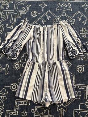 Striped Off-Shoulder Romper in Navy and White